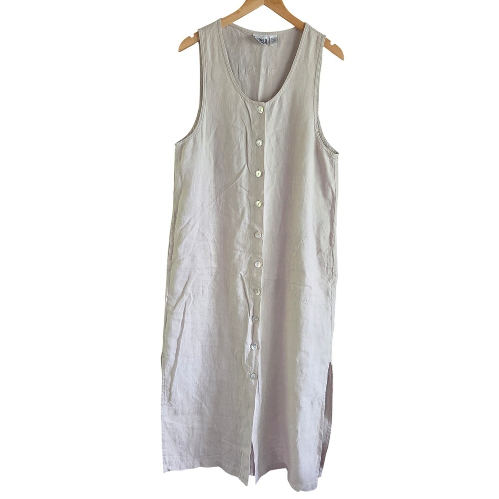 Chico's Platinum Linen Maxi Dress Oatmeal Beige Button Front Sleeveless Sz 1 Med - Picture 2 of 10